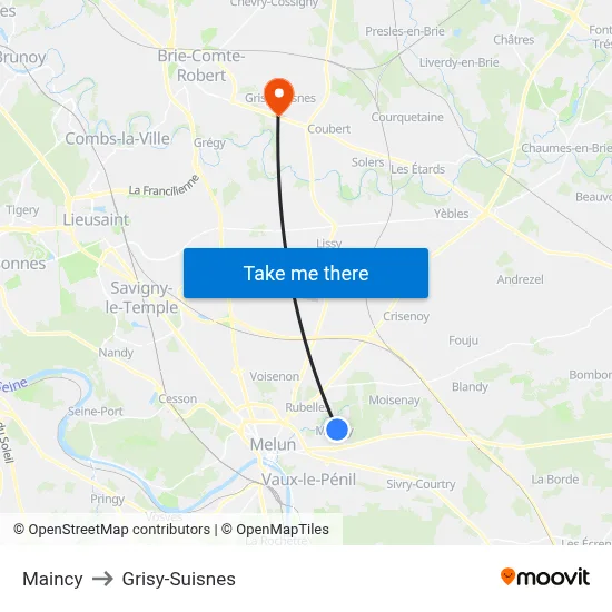 Maincy to Grisy-Suisnes map