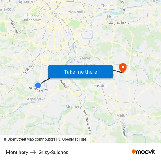 Montlhery to Grisy-Suisnes map