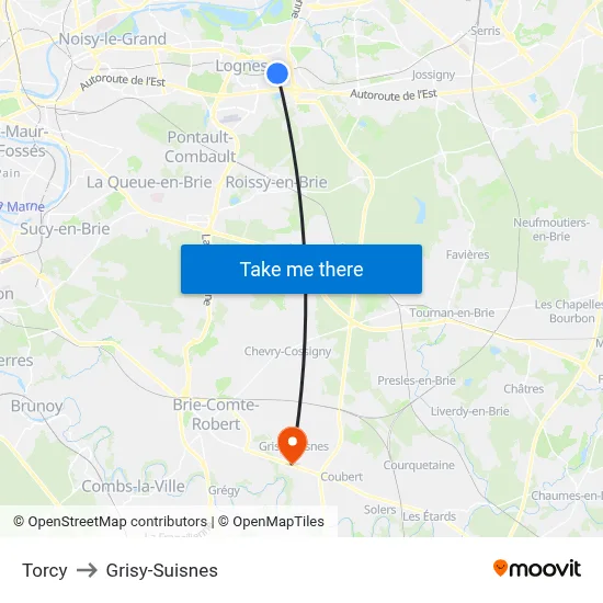Torcy to Grisy-Suisnes map