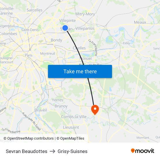 Sevran Beaudottes to Grisy-Suisnes map