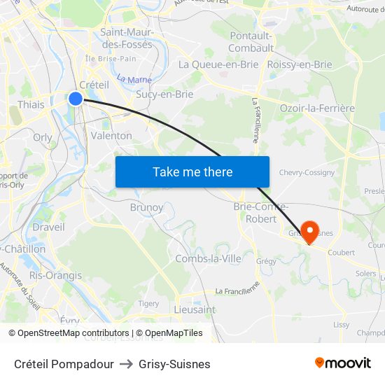 Créteil Pompadour to Grisy-Suisnes map