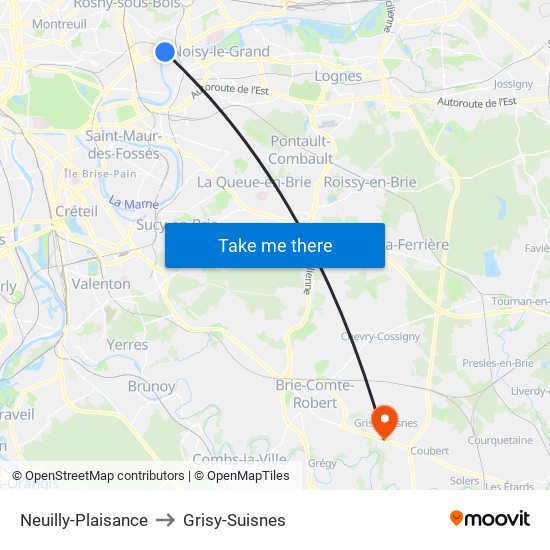 Neuilly-Plaisance to Grisy-Suisnes map