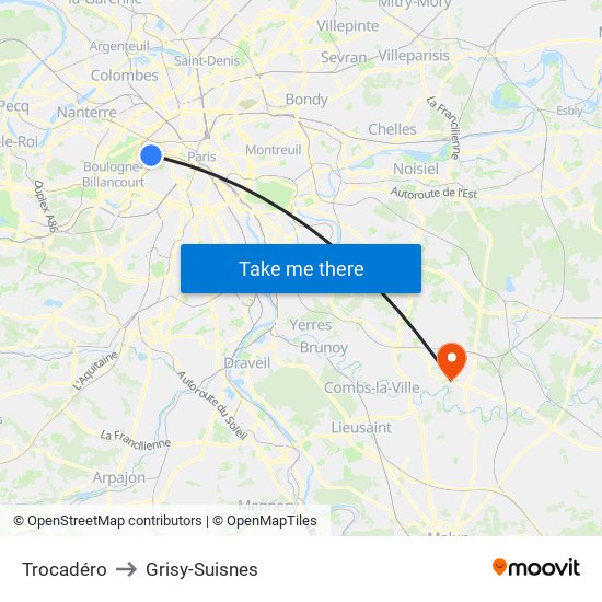 Trocadéro to Grisy-Suisnes map