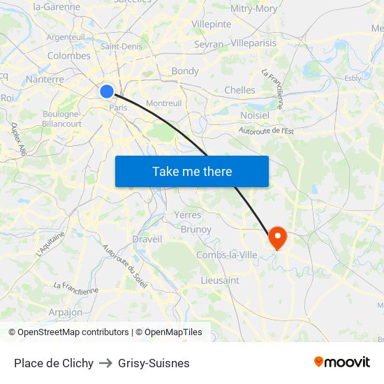 Place de Clichy to Grisy-Suisnes map