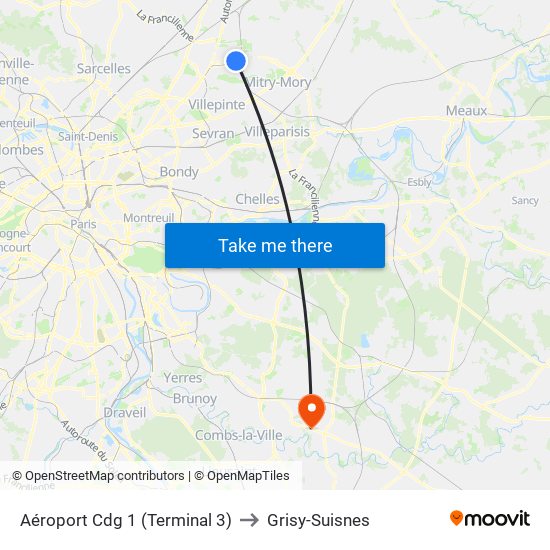 Aéroport Cdg 1 (Terminal 3) to Grisy-Suisnes map