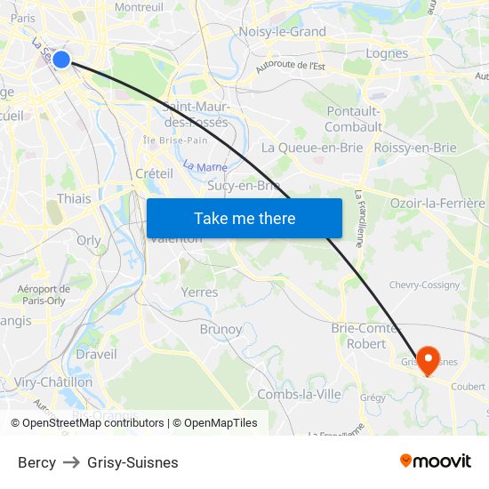 Bercy to Grisy-Suisnes map