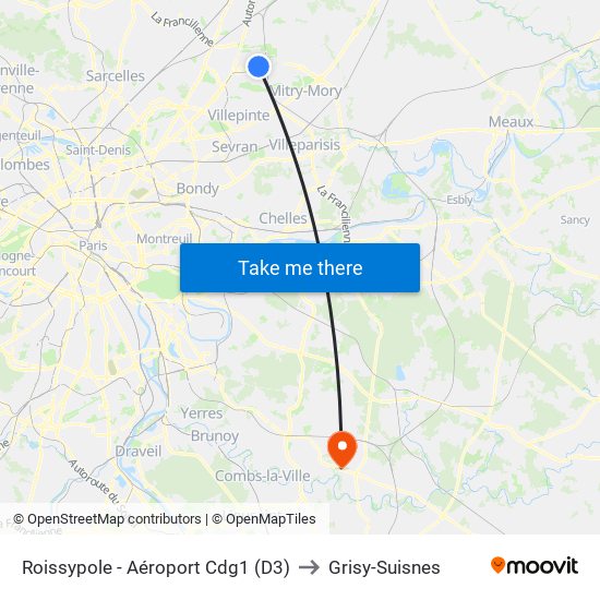 Roissypole - Aéroport Cdg1 (D3) to Grisy-Suisnes map