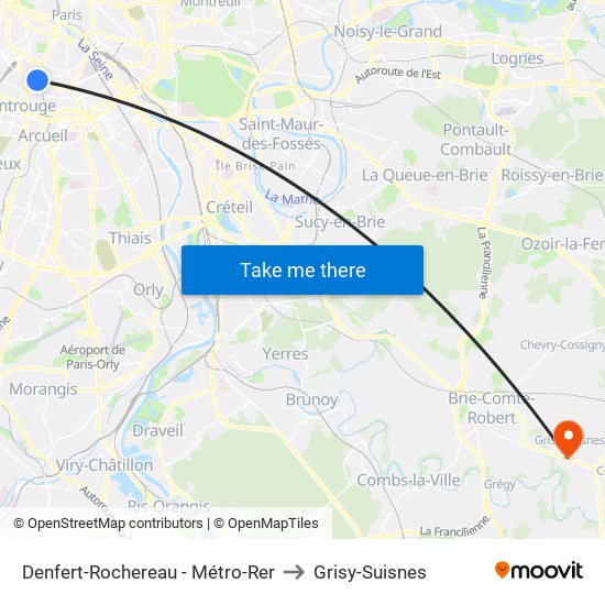 Denfert-Rochereau - Métro-Rer to Grisy-Suisnes map