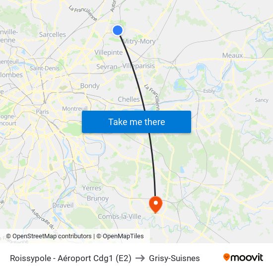 Roissypole - Aéroport Cdg1 (E2) to Grisy-Suisnes map