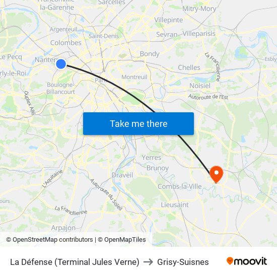 La Défense (Terminal Jules Verne) to Grisy-Suisnes map