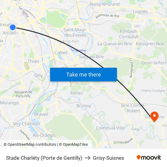 Stade Charléty (Porte de Gentilly) to Grisy-Suisnes map