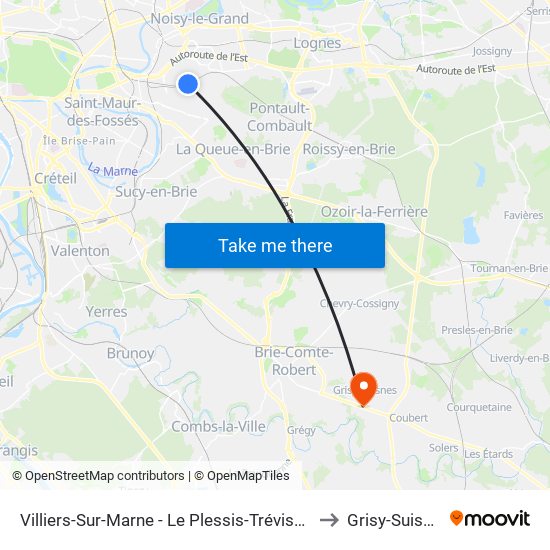 Villiers-Sur-Marne - Le Plessis-Trévise RER to Grisy-Suisnes map