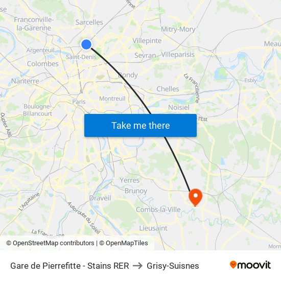 Gare de Pierrefitte - Stains RER to Grisy-Suisnes map