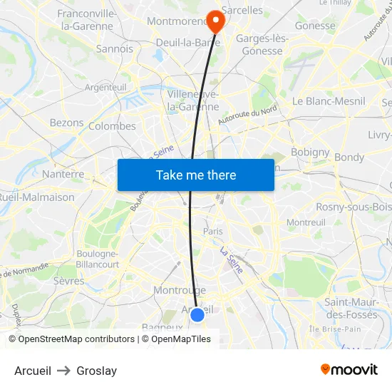 Arcueil to Groslay map