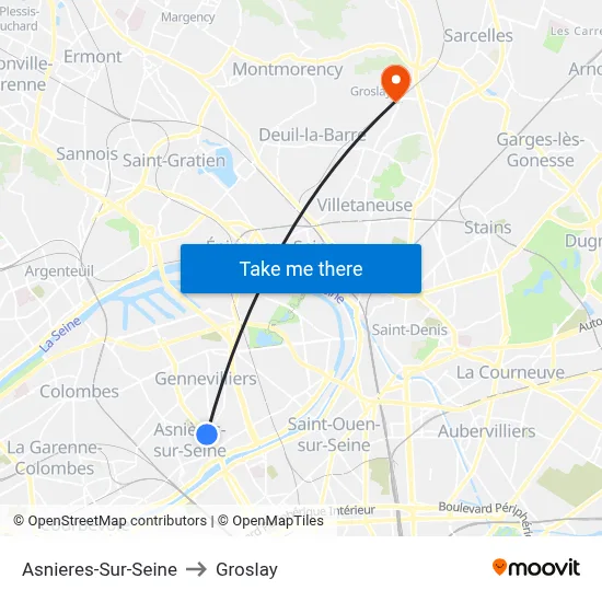 Asnieres-Sur-Seine to Groslay map