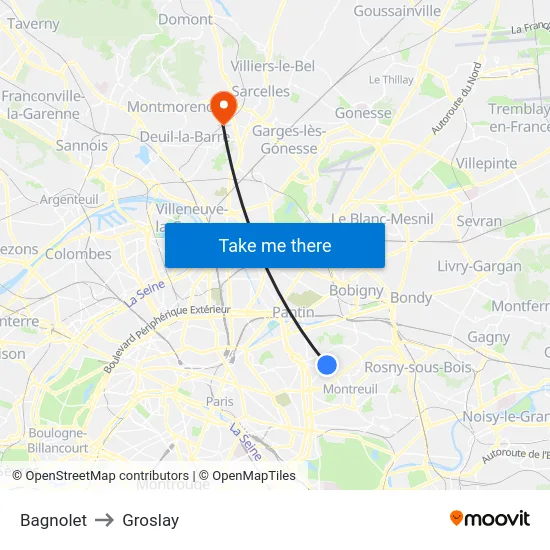 Bagnolet to Groslay map