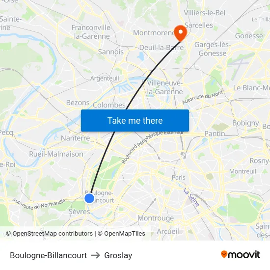 Boulogne-Billancourt to Groslay map