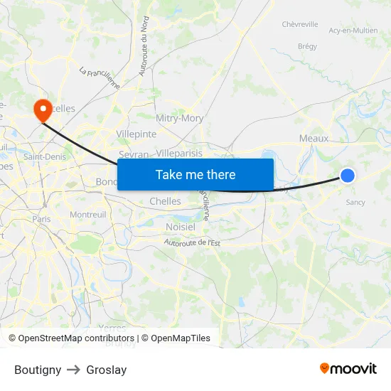 Boutigny to Groslay map