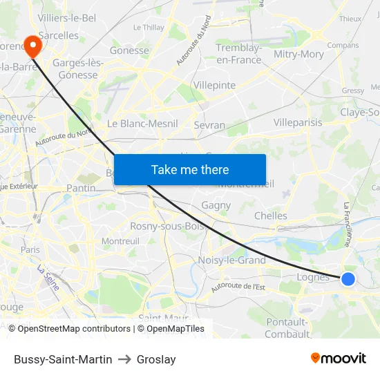 Bussy-Saint-Martin to Groslay map