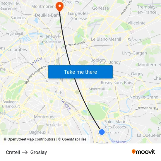 Creteil to Groslay map