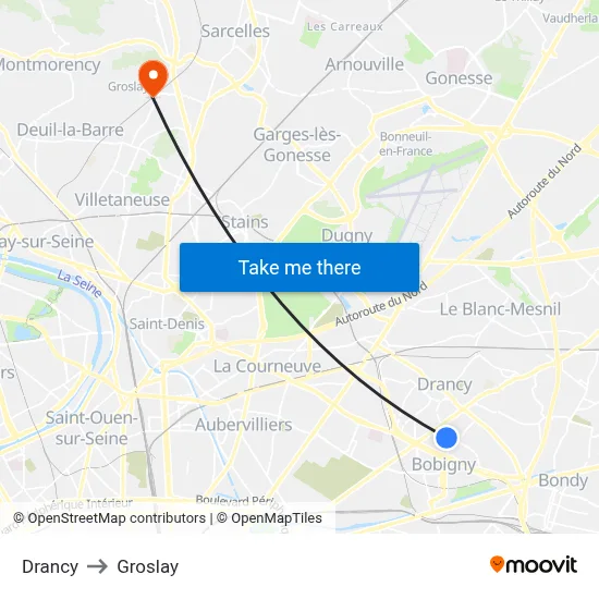 Drancy to Groslay map