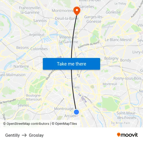 Gentilly to Groslay map