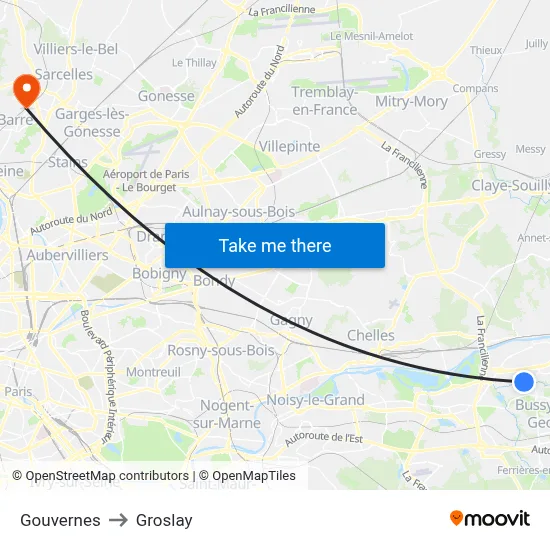 Gouvernes to Groslay map