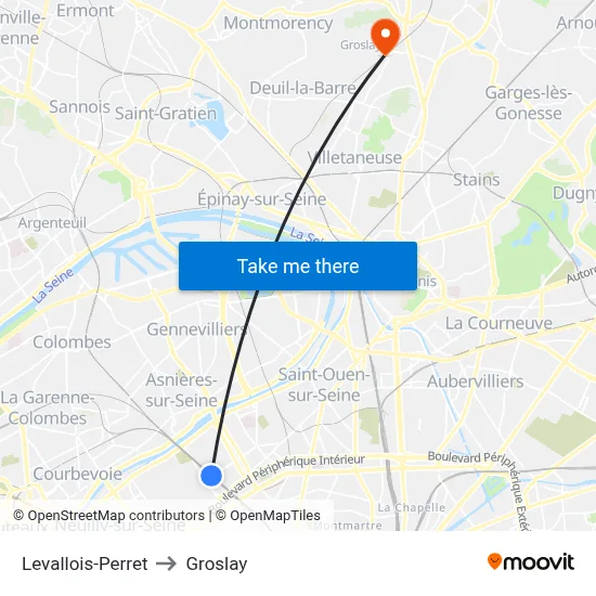 Levallois-Perret to Groslay map