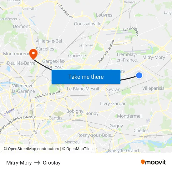 Mitry-Mory to Groslay map