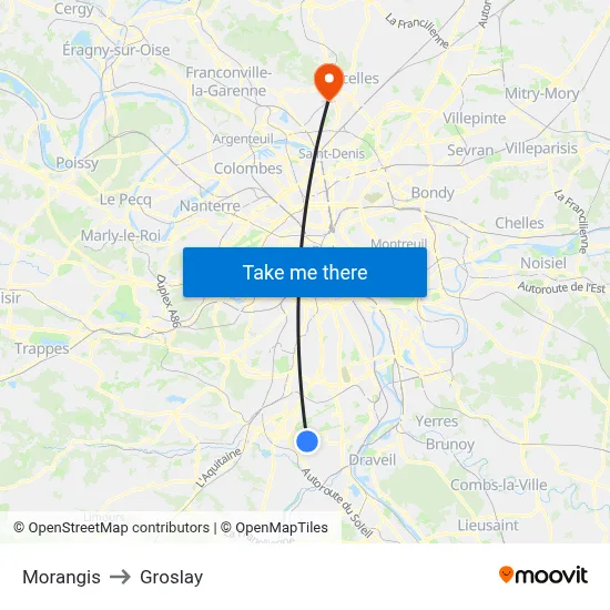 Morangis to Groslay map