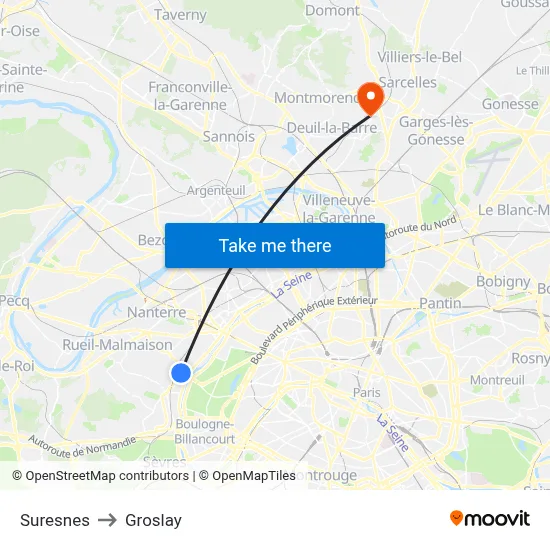 Suresnes to Groslay map
