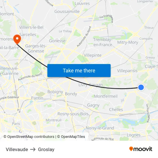 Villevaude to Groslay map