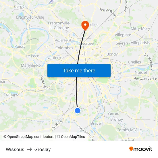 Wissous to Groslay map