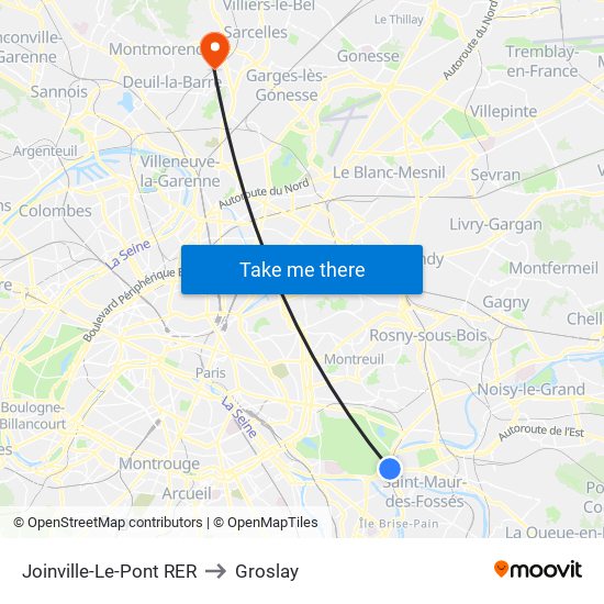 Joinville-Le-Pont RER to Groslay map
