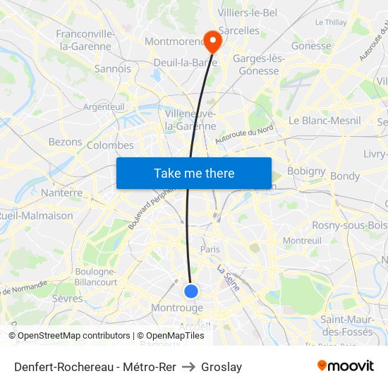 Denfert-Rochereau - Métro-Rer to Groslay map