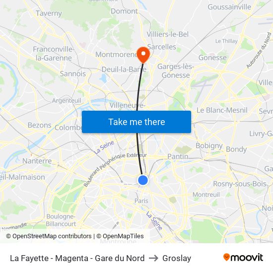 La Fayette - Magenta - Gare du Nord to Groslay map