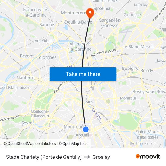 Stade Charléty (Porte de Gentilly) to Groslay map
