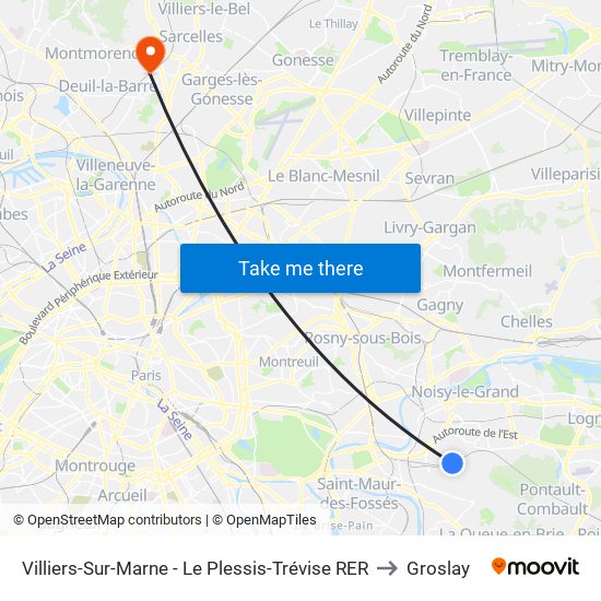 Villiers-Sur-Marne - Le Plessis-Trévise RER to Groslay map