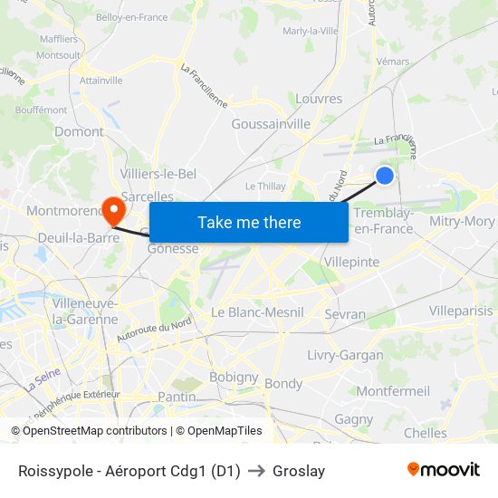 Roissypole - Aéroport Cdg1 (D1) to Groslay map