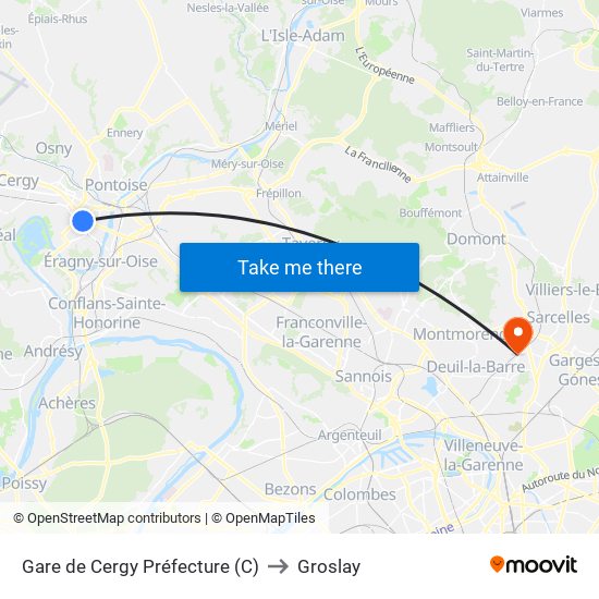 Gare de Cergy Préfecture (C) to Groslay map