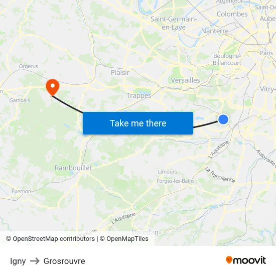 Igny to Grosrouvre map