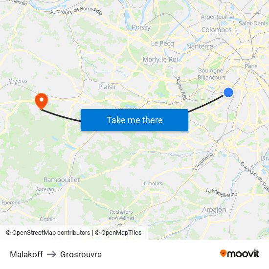 Malakoff to Grosrouvre map