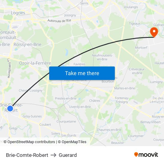 Brie-Comte-Robert to Guerard map