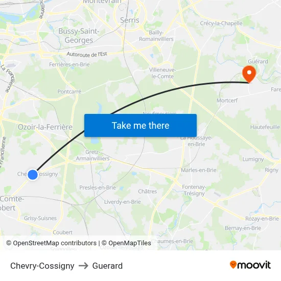 Chevry-Cossigny to Guerard map