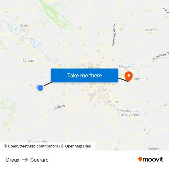 Dreux to Guerard map