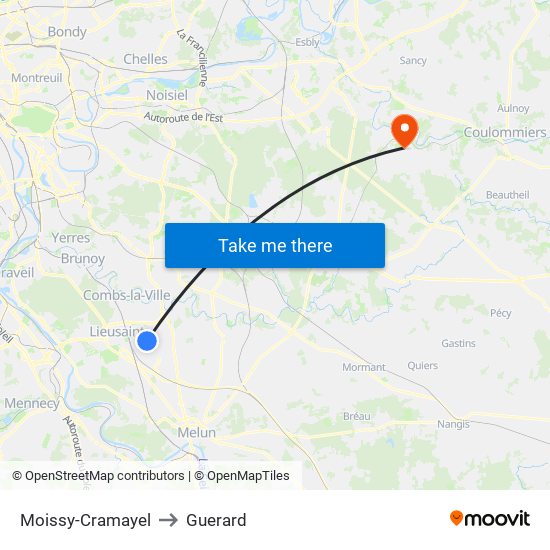 Moissy-Cramayel to Guerard map