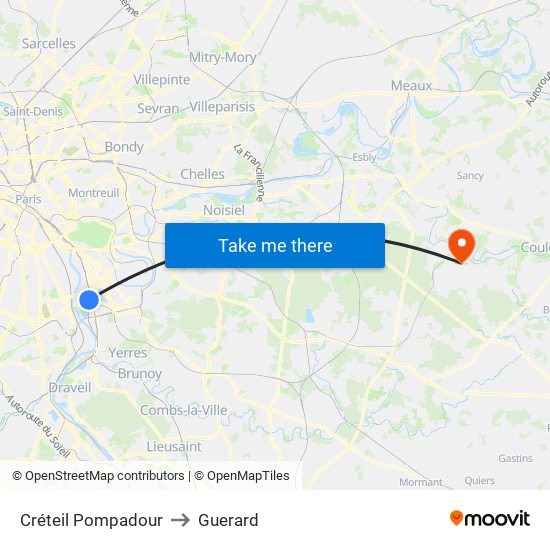 Créteil Pompadour to Guerard map