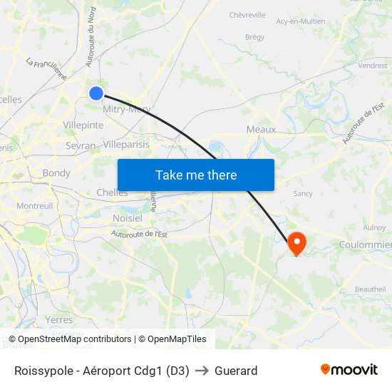 Roissypole - Aéroport Cdg1 (D3) to Guerard map