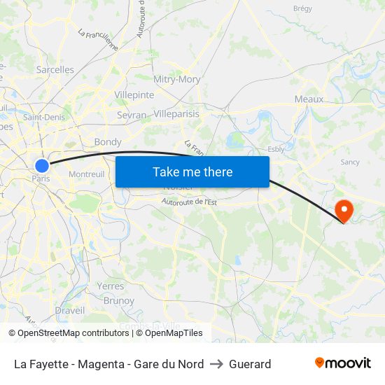 La Fayette - Magenta - Gare du Nord to Guerard map