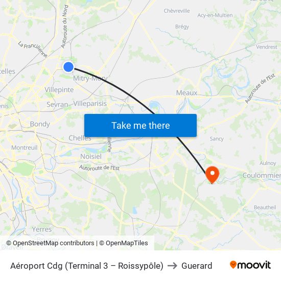 Aéroport Cdg (Terminal 3 – Roissypôle) to Guerard map